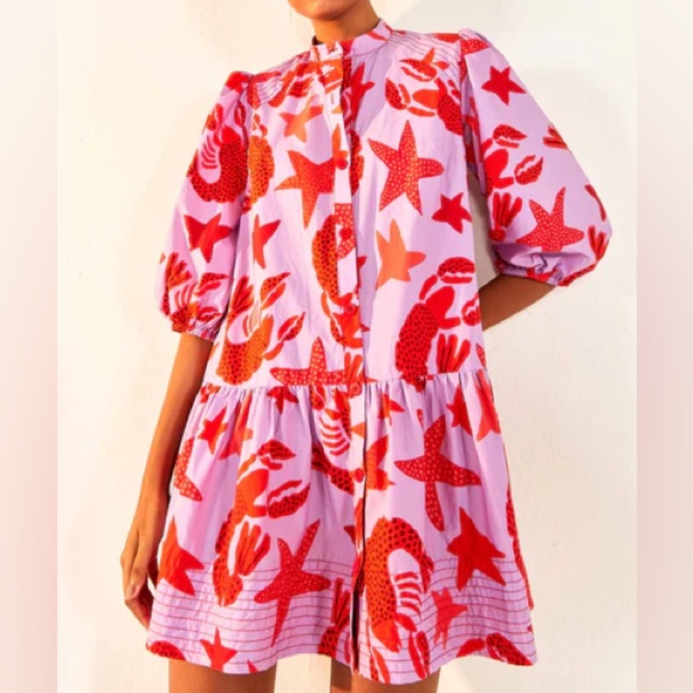 Farm Rio Lobster Sky Long Sleeve Mini Dress